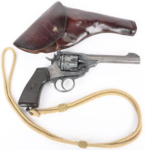 BRITISH WEBLEY MKVI .455 DATED 1917 WITH HOLSTER: SERIAL NUMBER 321274 BARREL 6" CALIBER .455 WEBLEY MANUFACTURED 1917. The most recognized top break military revolver in the world with original lanyard and leather holster. Blue finish with Broad