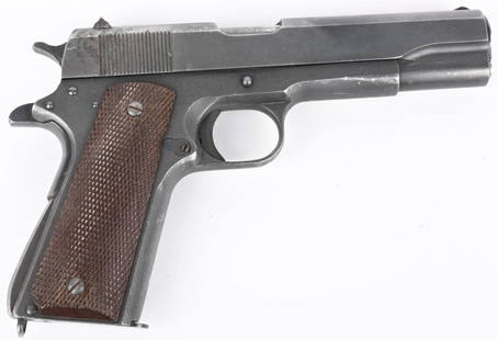 WW2 REMINGTON RAND 1911-A1 .45 PISTOL: SERIAL NUMBER 1012307 BARREL 5" CALIBER .45 ACP MANUFACTURED 1943. Manufactured for US Military issue by Remington Rand with parkerized finish and brown plastic Keys manufactured grips. Inspected by