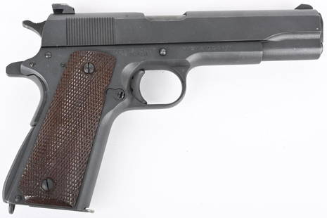 WW2 ITHACA 1911-A1 .45 ACP PISTOL: SERIAL NUMBER 2525291 BARREL 5" CALIBER .45ACP MANUFACTURED 1945. Produced by Ithaca Arms for the US Gov't 1945. Parkerized finish with checkered brown plastic grips. UNITED STAES PROPERTY marked