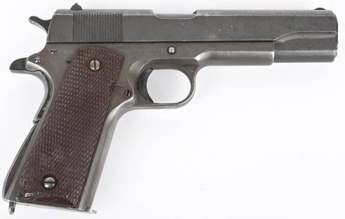 WW2 REMINGTON RAND 1911-A1 .45 PISTOL: SERIAL NUMBER 1333970 BARREL 5" CALIBER .45ACP MANUFACTURED 1943. Produced by Remington Rand corporation in 1943 for the United States Gov't. Parkerized finish with Frank J Attwood inspection (FJA)