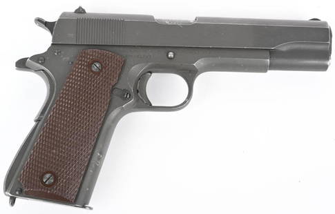 LEND LEASE COLT 1911-A1 .45 PISTOL MFG, 1944: SERIAL NUMBER 1641315 BARREL 5" CALIBER .45ACP MANUFACTURED 1944. Produced by Colt with Parkerized finish with standard Colt slide legends, Keys brown checkered plastic grips and 7 round blue