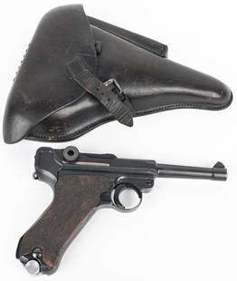 WW2 S/42 MAUSER CODE P-08 LUGER PISTOL W/ HOLSTER: SERIAL NUMBER 2927i BARREL 4" CALIBER 9MM (9X19) MANUFACTURED 1936. Blue finish with checkered walnut grips and matching numbers with exception of magazines. !936 dated on chamber and S/42 code on