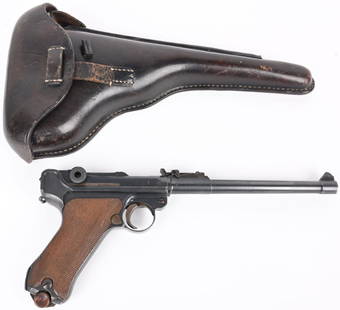 WW1 DWM 1917 ARTILLARY LUGER WITH HOLSTER: SERIAL NUMBER 8755i BARREL 8" CALIBER 9MM (9X19) MANUFACTURED 1917. Produced in 1917 with blue finish and checkered walnut grips. Straw finished controls and has slide adjustable rear sight. Comes in