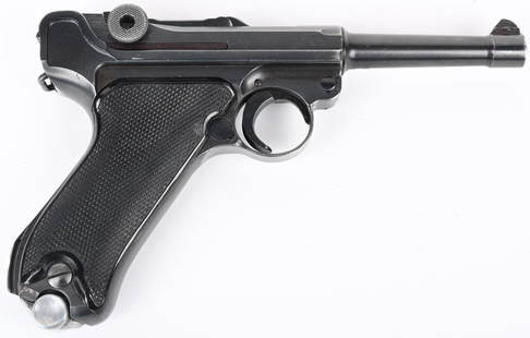 WW2 GERMAN BLACK WIDOW P-08 9MM LUGER: SERIAL NUMBER 9838c BARREL 4" CALIBER 9MM (9X19) MAUFACTURED 1942. Produced during WW2 in Germany by Mauser with the BYF German code. Dated 42 on Chamber. Blued steel with Black checkered plastic