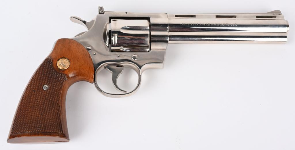 NEAR NEW 1ST GEN. COLT NICKEL PYTHON (1968): SERIAL 78398. BARREL 6". CALIBER .357 MAGNUM. MADE IN 1968. Finally, there is a real appreciation for the different eras of mfg for the Python. Pre letter prefix guns are a lot harder to find in high