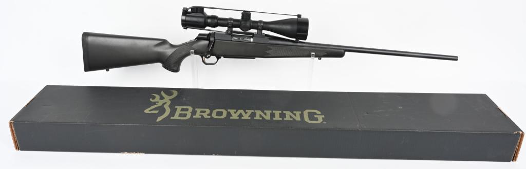BOXED BROWNING A-BOLT .243 RIFLE: SERIAL 34382NR8C7. 707. BARREL 22". CALIBER .243. Near new with light handling in box rifle features sightless barrel, matte finish, checkered molded pistol grip nylon stock and sports a BSA CATS EYE 