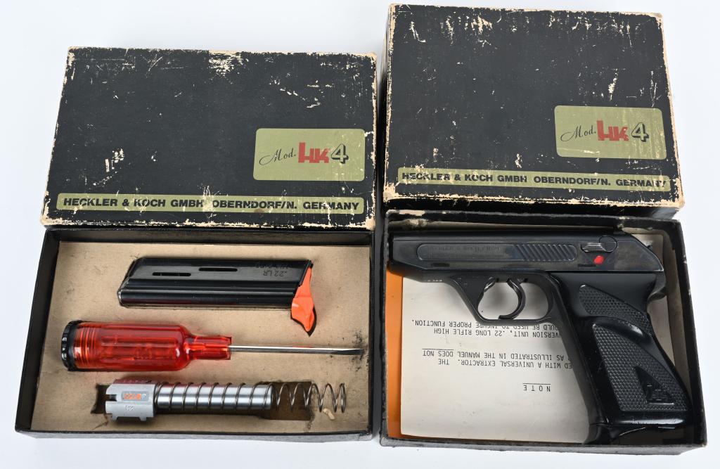 BOXED HK MODEL HK4 W/CONVERSION .22 KIT: SERIAL 48366. BARREL 3 11/32". CALIBER 7.65. The HK4 pocket pistol was first introduced by Heckler & Koch in 1967.The HK4 is basically a new version and a more refined development of the Mauser HSc se
