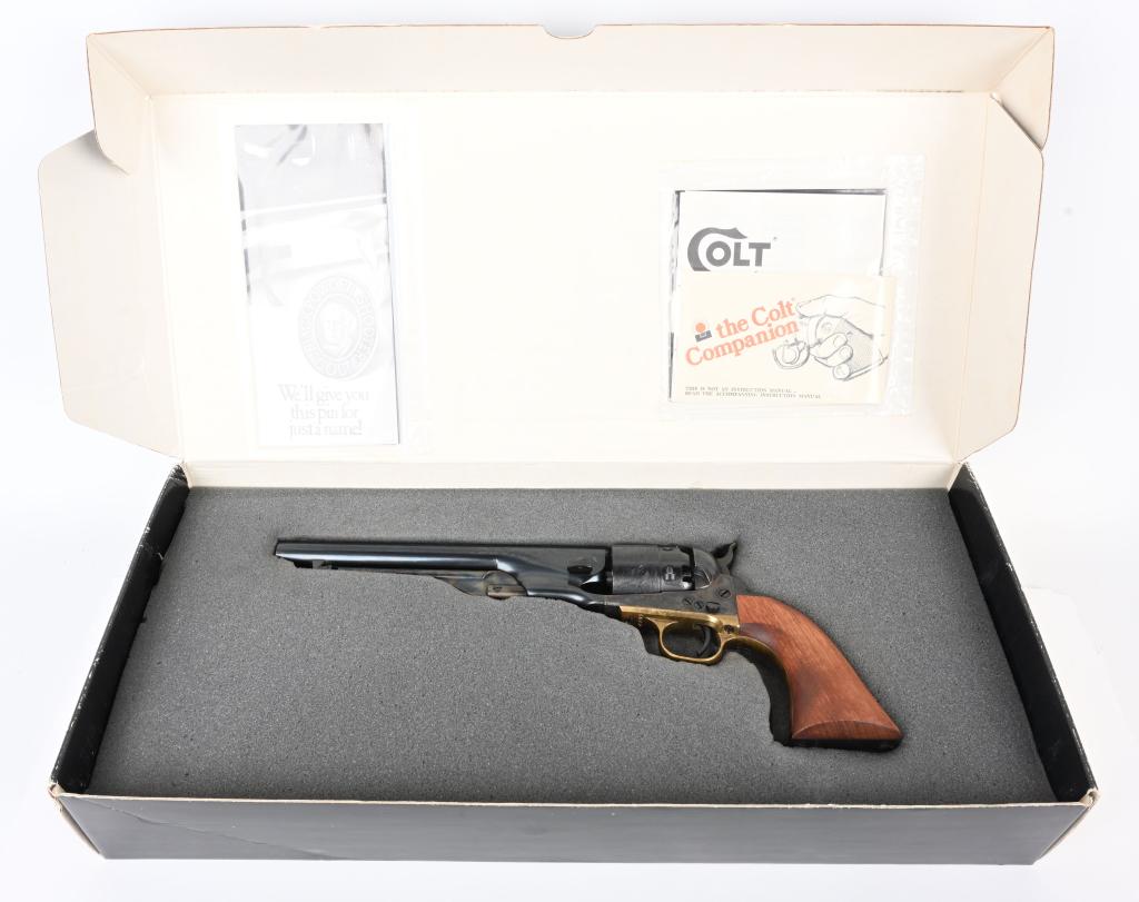 NIB COLT 2ND GEN MODEL 1860 REVOLVER: SERIAL 206072. BARREL 8" CALIBER .44. Features Naval scene rebated cylinder, blue & case color finish, brass trigger guard, iron back strap cut for shoulder stock, one piece walnut grips. Unfired in b