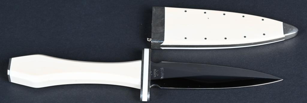CUSTOM CONTEMPORARY SMITH BELT DAGGER: Wonderful double edged Dirk with ricasso marked "SMITH" inside of anvil. Coffin pattern handle with Nickel silver butt cap and Nickel silver double guard. Handle and Guard are of white bone or Emory. 