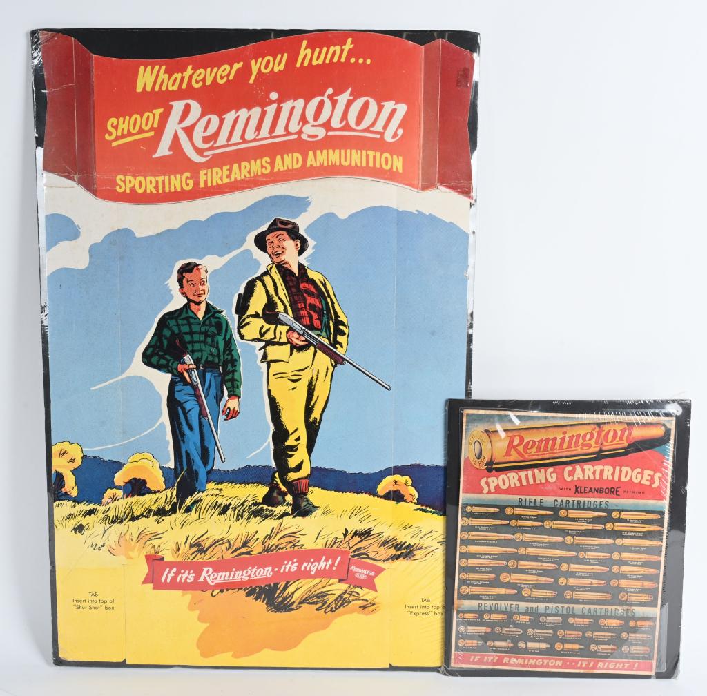 (TWO) VINTAGE REMINGTON CARDBOARD AD PIECES: The first piece appears to be a 1940's die cut that would showcase a box of Express and Shur Shot shotgun shell boxes at bottom to make a 3-D ad. Full color image of dad and son with Remington pump sh