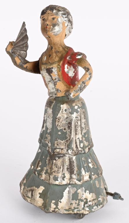 GERMAN HAND PAINTED TIN WINDUP LADY w/ FAN (1 of 5)