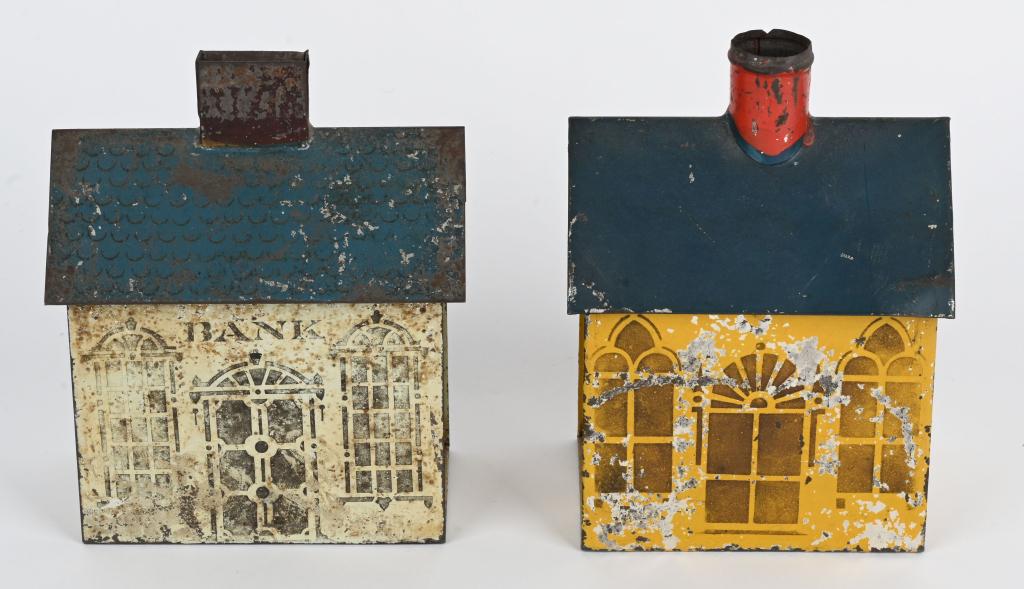 2- EARLY AMERICAN TIN PAINTED HOUSE BANKS (1 of 5)