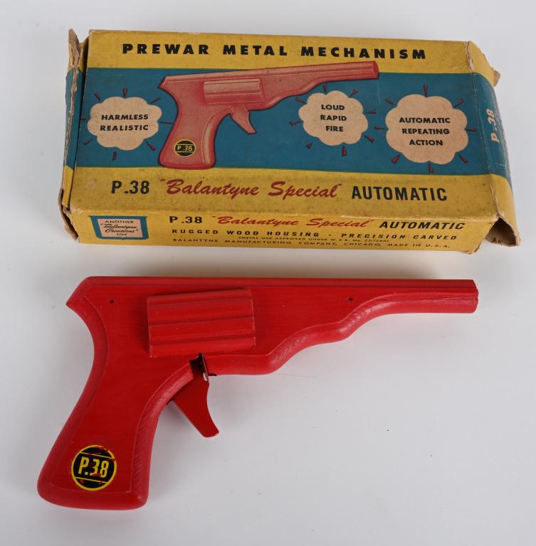 BALANTYNE SPECIAL P .38 CLICKER GUN w/ BOX: Great War Time wooden toy gun. Looks never played with . Boxed