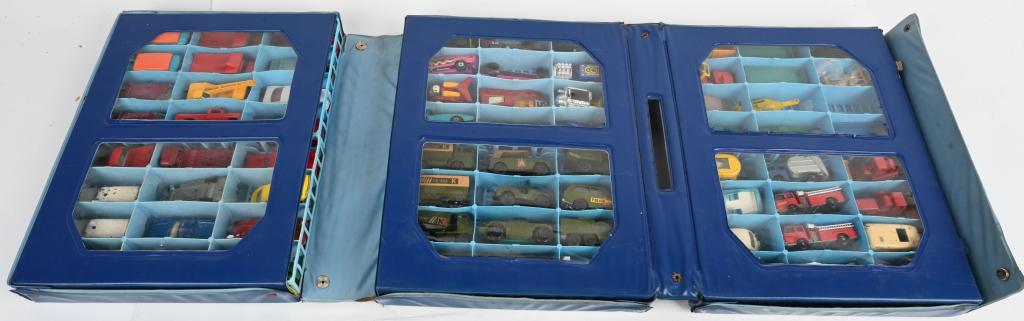 68+ VINTAGE MATCHBOX CARS and TRUCKS: Nice assortment of vintage Matchbox cars and trucks housed in a vinyl carrying case. Condition varies. Most are Very Good