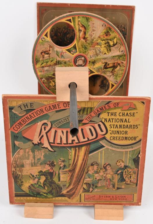STIRN & LYON COMBINATION GAME OF RINALDO: Scarce Stirn & Lyon Combination Game of Rinaldo, lithographed paper on wood game set, 11 1/4'' x 12''. Very Good-Excellent
