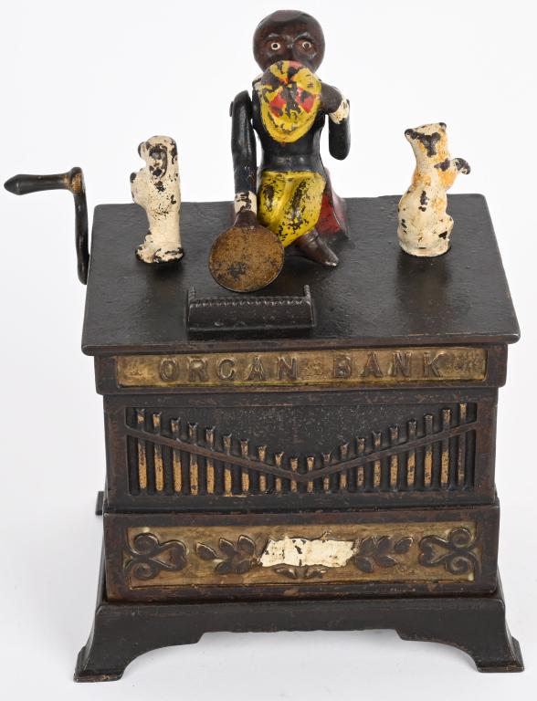 KYSER & REX ORGAN BANK MECHANICAL BANK: Very nice Kyser & Rex Organ Bank. This is the version with cat and dog. All original with exceptional paint. No breaks. Action works. Excellent