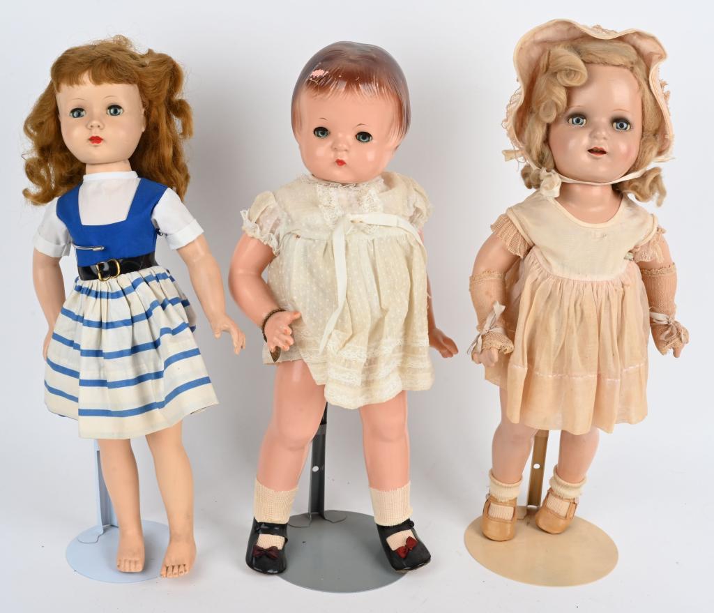 3- VINTAGE DOLLS, EFFANBEE & MORE: The lot includes a 19 1/2" Nancy composition doll, a 18" Effanbee hard plastic doll, and a Effanbee 19" Patsy Ann. Condition varies. Dolls have some crazing and loss. AS-IS
