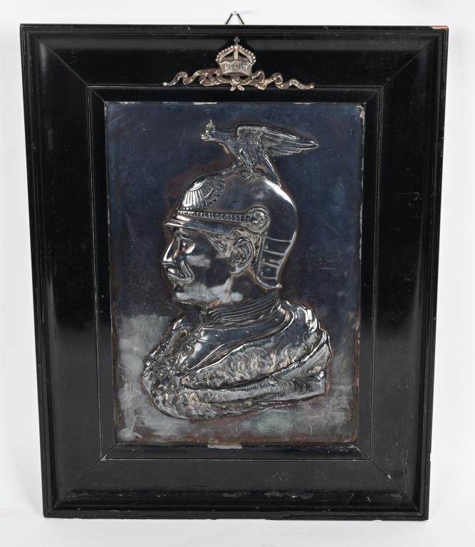WW1 IMPERIAL GERMAN SILVER PLAQUE KAISER WILHELM: Stunningly elegantly crafted silver plated plaque of Kaiser Wilhelm measuring 13 1/2 X 17 1/4 inches. The Kaiser is wearing his famous Prussian Garde du Corps/Garde Kürrassier Helmet with a side prof