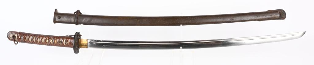 JAPANESE NCO SHIN-GUNTO TYPE 98 KATANA SWORD: Nice original type 98 WW2 Shin-Gunto katana with matching serial numbers on blade and saya. 26 1/2" cutting edge, blade is bright with a light visible hamon. Tsuka is painted cast aluminum, and both t