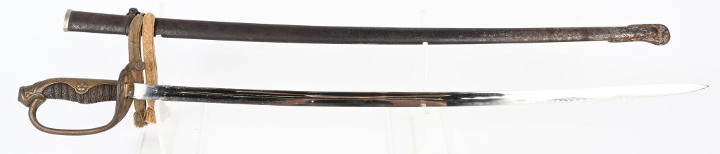 WWII JAPANESE OFFICER's DRESS SWORD: Original Junior officer dress sword with 27 1/2" bright blade with active hamon. Hilt is brass and grip is shark skin with braded wire. Scabbard is missing most of the plating. Has sword knot. 32" ove