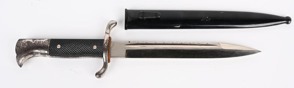 WWII NAZI GERMAN FIRE POLICE SAWTOOTH BAYONET WW2: Drop forged, 7 3/4 long, bright nickel/silver plated steel blade with wide fuller to each side. Blade is in overall very good condition and is the sawtooth variety. Maker marker to Eickhorn. Brown lea
