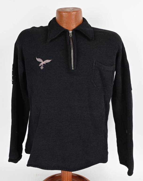 WWII NAZI GERMAN LUFTWAFFE SPORTS WEAR SHIRT WW2: Pull over Luftwaffe sports shirt.. WIth a machine woven breast eagle. Interesting hand made Feldwebel rank insignia to the left and right sleeves. Roughly a 40 chest. Original zipper by Zipp that func