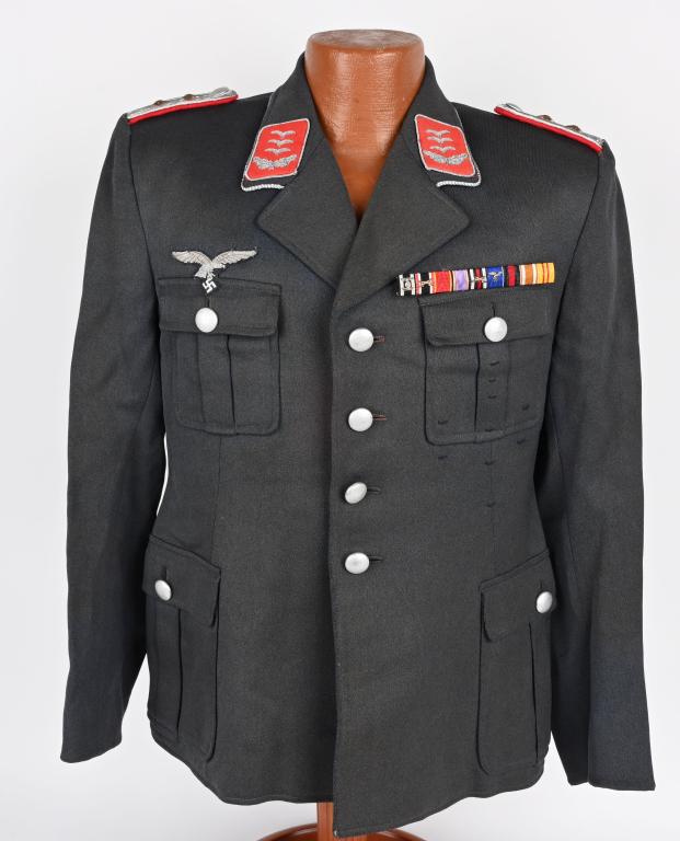 WWII NAZI GERMAN LUFTWAFFE FLAK UNIFORM W RIBBON: Nice quality private purchase Luftwaffe blue/gray wool/rayon blend construction flight blouse with a subtle whipcord weave features a vertical four button French fly front closure with the buttons on