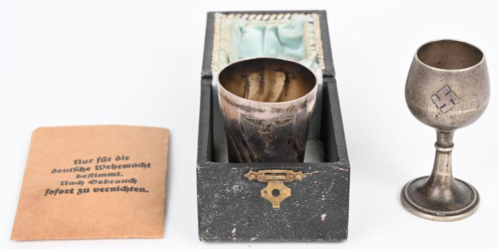 WWII NAZI GERMAN LUFTWAFFE CASED SCHNAPPS GLASS +: WWII Nazi items to include 1) Cased Silver Shot Glass with a Luftwaffe dedication Fliegerhorstkommandantur Schweinfurt 1. 8. 37 -15.7. 39 which is the Headquarters of the Air Base at Schweinfurt .835 