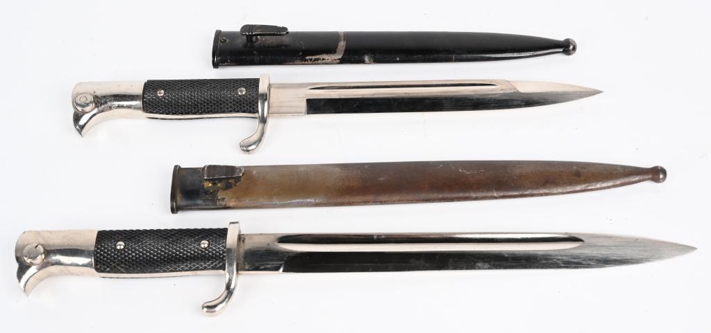 WWII NAZI GERMAN DRESS BAYONET LOT OF 2 WW2: WWII Nazi German Dress Bayonet lot of two. 1) Roughly, 25cm long, nickel/silver plated, drop forged, steel construction blade with deep, fullers to each side and a top edge swedge to the forward tip. 