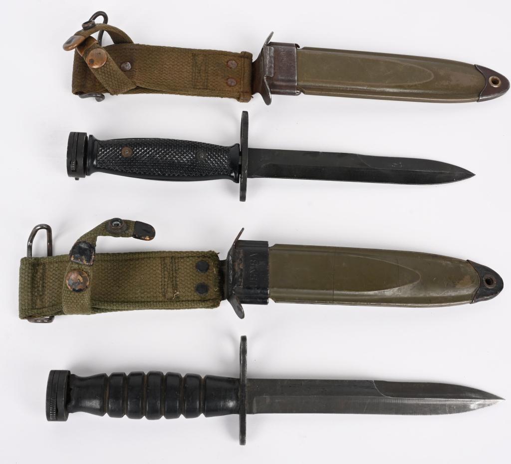 2 SOUTH KOREAN ISSUE M1 CARBINE BAYONETS: Pair of USGI bayonets. 1- Imperial US M4 bayonet for the M1 Carbine. Has rubber handle as modified for issue to ROK forces. Handle is missing a small section near the pommel, but the blade is solid. S