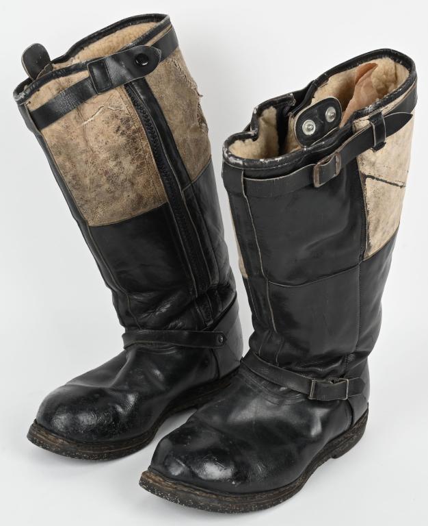 WWII NAZI GERMAN LUFTWAFFE AIRCREW BOOTS WW2: Good condition pair of Luftwaffe aircrew boots. The black leather sections are soft and supple, while the beige nubuck leg tops with left leg uppers having been repaired. The zippers are marked Ri Ri.