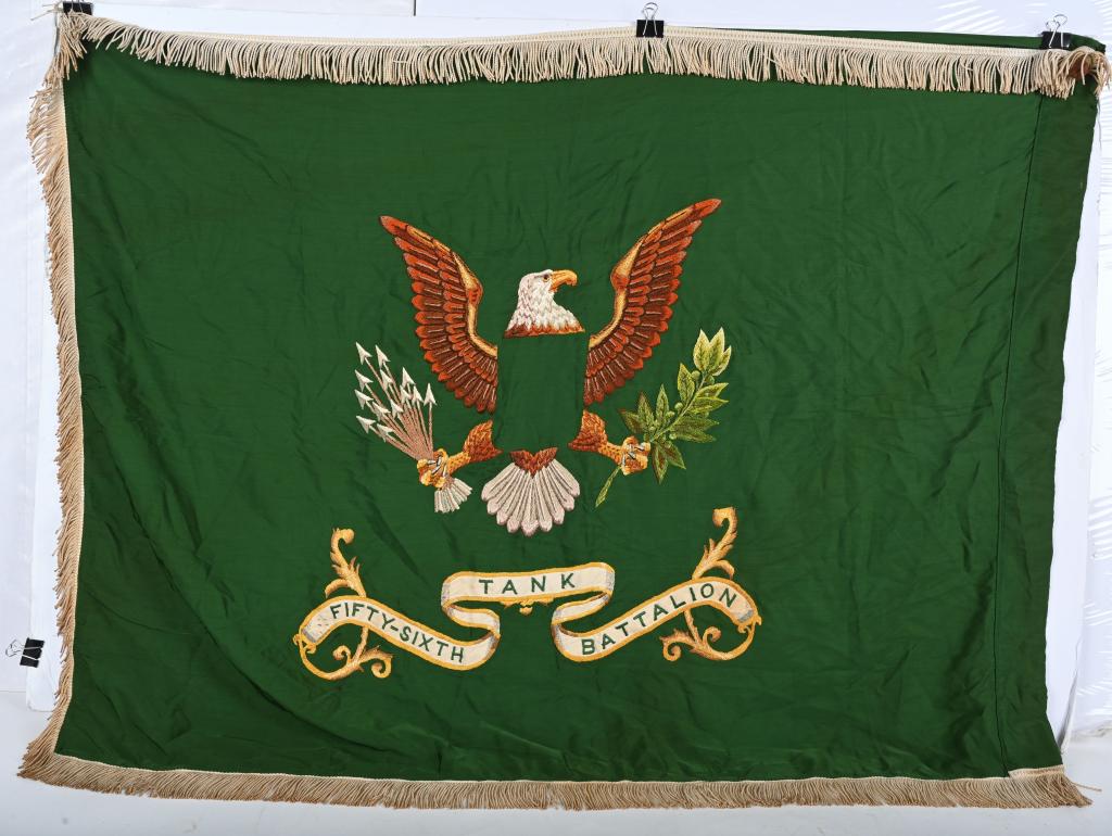 KOREAN WAR 56TH TANK BATTALION REGIMENTAL FLAG: Stellar, Korean War, 56th Tank Battalion green rayon regimental flag measuring 36 X 47 excluding the white fringe and is fully embroidered and dated 1950 and still retains both quartermaster tags to t