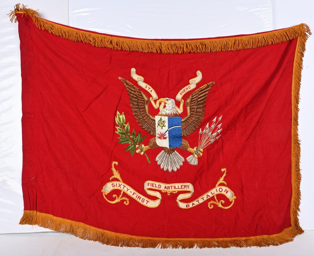 1950's 61ST ARTILLERY BATTALION REGIMENTAL FLAG: Stellar, Korean War Era, 61st Artillery Battalion red rayon regimental flag measuring 36 X 47 excluding the yellow fringe and is fully embroidered and still retains both quartermaster tags to the inte