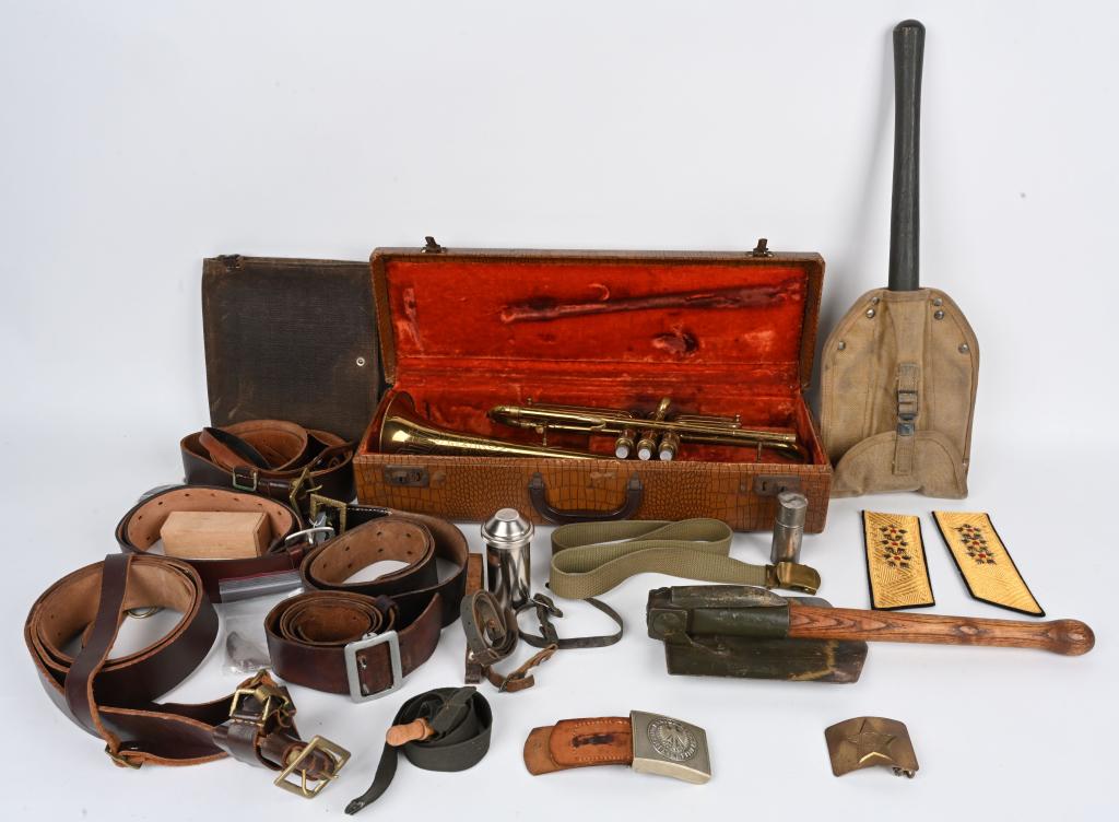 MILITARY LOT FIELD GEAR SHOVELS MAP SET & TRUMPET: Lot to include 1) Cased 1920s-30s Commander Fred Gretsch Trumpet, Mother of PEARL Tips with Art Deco design in serviceable condition. 2) WWII Nazi German Map Accessory Pouch 3) Collection of 5 modern