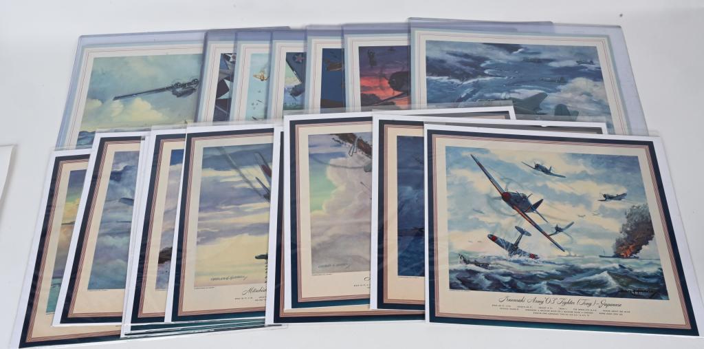 WWII AVIATION ART PRINTS BY CHARLES H HUBBEL WW2: WWII collection of 21 Art prints by famed artist Charles H. Hubbel. The lithographs measure 17 X 14 inches with planes that include 1) Nakajima Navy "02" Torpedo Bomber (Jill) - Japanese 2) Mitsubishi
