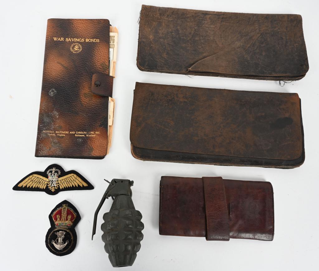 MILITARY LOT GRENADE CIVIL WAR WALLET WINGS: Military lot to include 1) Post WWII Practice Grenade 2) Royal Navy Petty Officers Cap Badge. 3) Royal Air Force Bullion Wings 4) Civil War Period Brown Leather Wallet 5) War Savings Bonds folio with