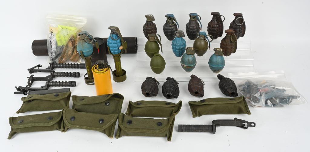 WWII Thru VIETNAM GRENADE LOT AND LAUNCHERS WW2: Large lot of ordnance to include 1) Recoilless shell in cardboard tube 2) Seven Grenade Launcher Sights Cased 3) Two Grenade tube or canisters 4) Two Practice Rifle Grenades 5) Yellow Smoke Grenade 6)
