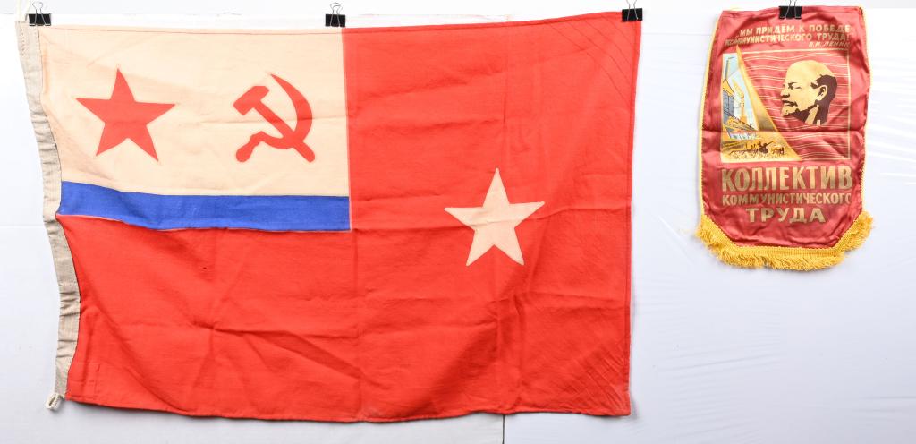 SOVIET UNION FLAG & PENNANT LOT OF TWO NAVY LENIN: Lot of two Soviet Union Flag and pennant lot to include 1) Flag of task force commander made of wool measuring 25 X 40 inches and in excellent condition. 2) Small silk flag measuring 10 X 16 inches fo