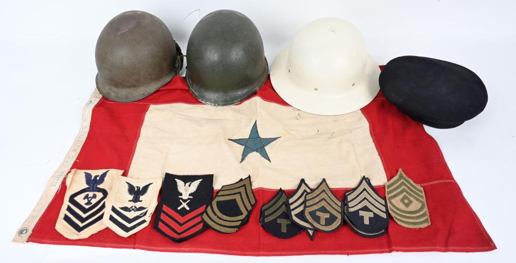 WWII US MILITARY LOT W/ HELMETS INSIGNIA PATCHES: US Military lot to include 1) Son In Service flag measuring 21 X 35 inches 2) Various chevrons and US Navy rates 3) Post War reworked M1 helmet with no liner 4) Post War reworked M1 helmet with comple