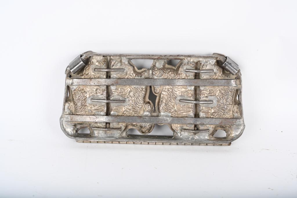 PEWTER HINGED EASTER RABBIT ICE CREAM MOLD: Nice early mold to make 4 Rabbits. All original. 10" Excellent From the James and Helen Berkheimer Collection