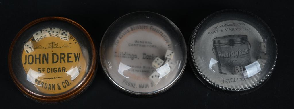 3- ADVERTISING DICE GAME GLASS PAPER WEIGHT: Includes advertising for John Drew Cigars, Forest City Paint, and Hunking Bros Dock Builders. All original in great shape. 3" Excellent From the James and Helen Berkheimer Collection