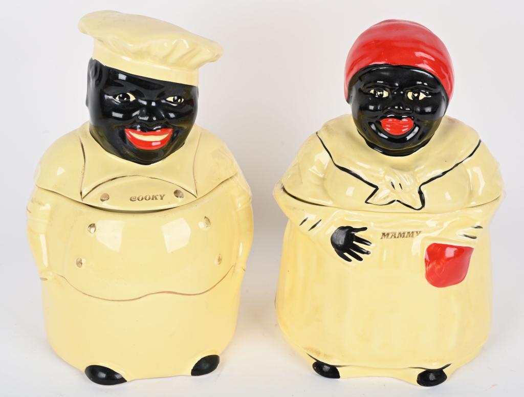PEARL MAMMY & COOKY CERAMIC COOKIE JARS: Great pair of original Pearl Mammy & Cooky Cookie Jars. Both marked on the bottom. No breaks. Nice colors. 10" Excellent From the James and Helen Berkheimer Collection