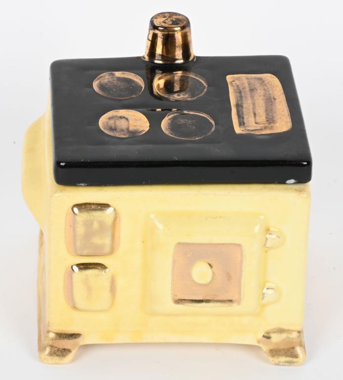 McCOY CERAMIC STOVE SUGAR JAR: All original in great shape. 5" Excellent From the James and Helen Berkheimer Collection
