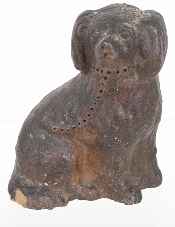 STONEWARE SPANIEL DOG DOOR STOP: Nice stoneware Spaniel Dog Door Stop. Very primitive look. Small chip on base. 7" Very Good From the James and Helen Berkheimer Collection