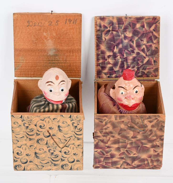 BABY SNOOKUMS & HAPPY HOOLIGAN JACK IN BOXES: Early composition and wood Baby Snookums and Happy Hooligan Jack in the Boxes. Both great shape. 5" Excellent From the James and Helen Berkheimer Collection