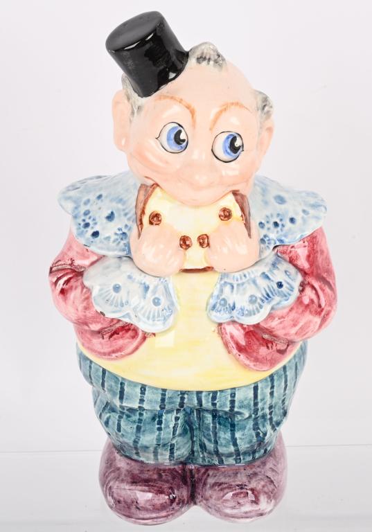 MAJOLICA HAPPY HOOLIGAN COOKIE JAR: Great looking Majolica Happy Hooligan Cookie Jar. 9 3/4" Excellent From the James and Helen Berkheimer Collection