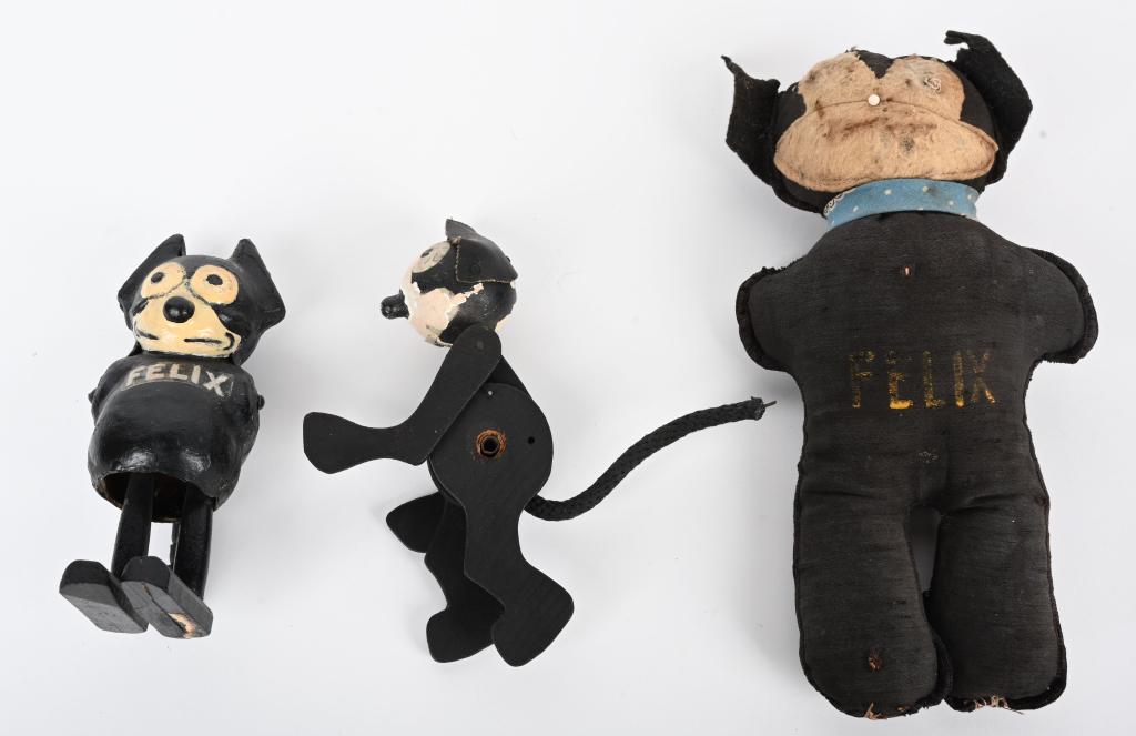 3- FELIX THE CAT TOYS: Includes Ramp Walker, Jointed Felix, and Stuffed Felix. Largest 8" Very Good-Excellent From the James and Helen Berkheimer Collection