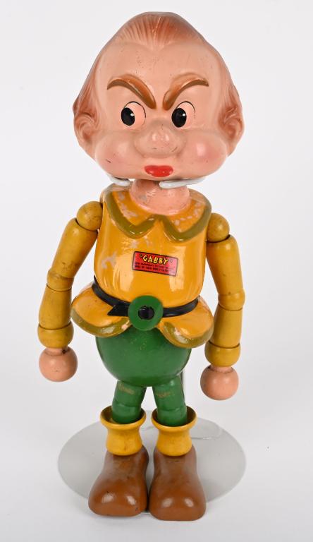 IDEAL GABBY WOOD JOINTED FIGURE: All original Ideal Gabby. Nice paint and decal. 10" Very Good-Excellent From the James and Helen Berkheimer Collection