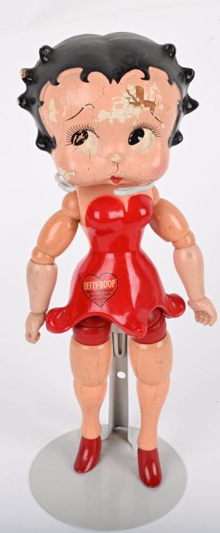 IDEAL BETTY BOOP WOOD JOINTED FIGURE: All original Ideal Betty Boop wood jointed figure. Very nice paint and decal. Hs some loss to face. 12 1/2" Very Good From the James and Helen Berkheimer Collection