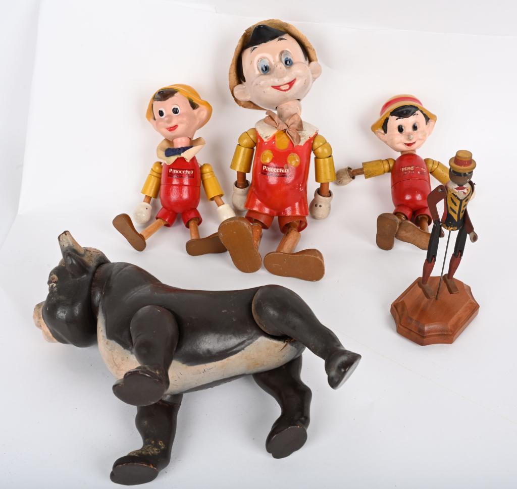 3- IDEAL 1939 PINOCCHIO DOLLS & MORE: Lot includes a 1939 11" Ideal Pinocchio doll along with 2 - 8" dolls. All 3 have touch up. Also included is a 1938 10" Ideal Ferdinand The Bull with a loose leg and chipped horns. The last item is a b